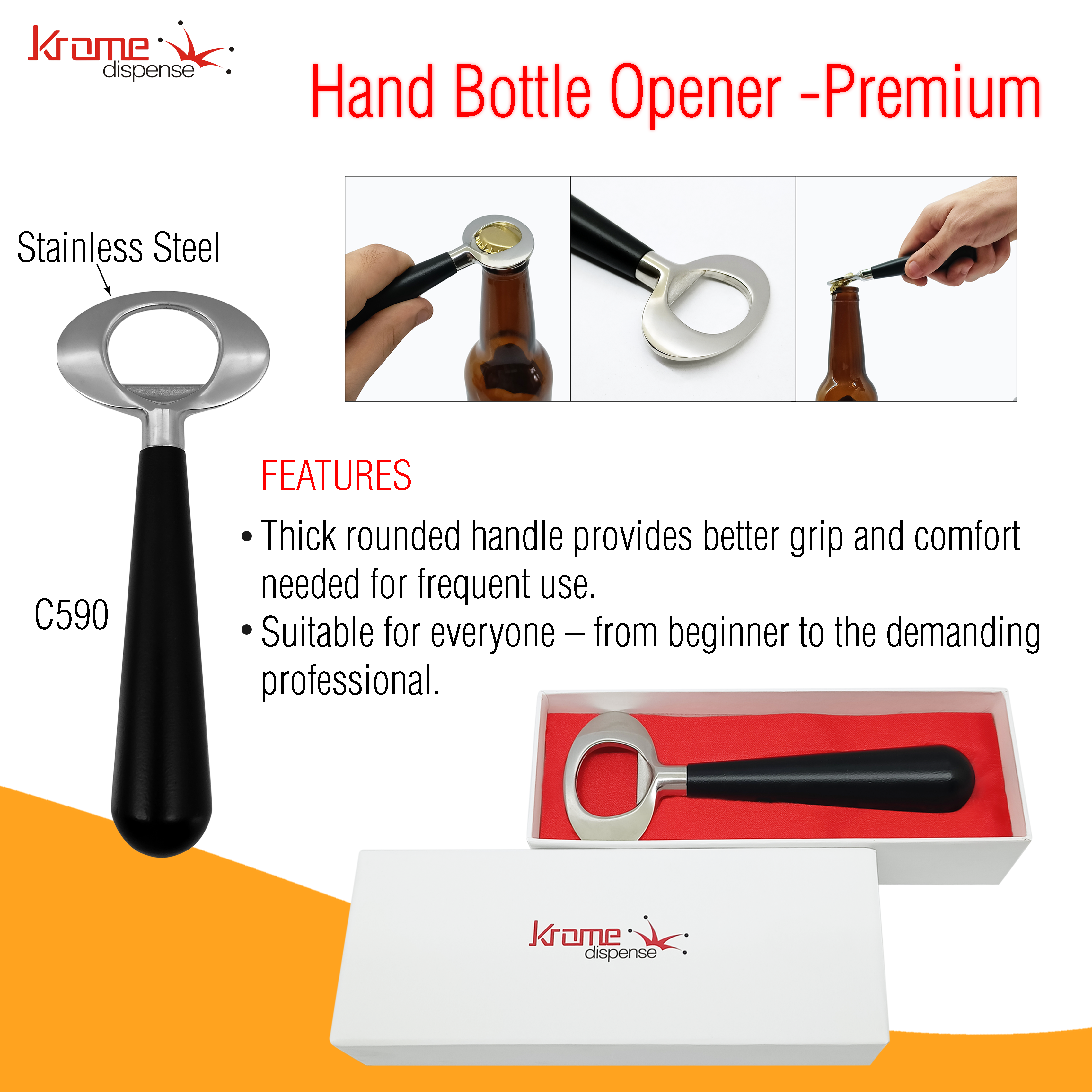 Heavy Duty Stainless Steel Hand-Held Bottle Opener (Pack of 12Pcs) -  C570x12 - Krome Dispense